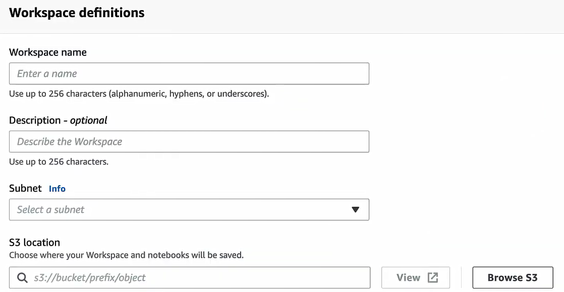 Configuring EMR Workspace details - AWS EMR – AWS EMR Studio – EMR Studio – AWS EC2 – EC2 instance – AWS S3 – AWS KMS – AWS VPCs – AWS Identity and Access Management – AWS IAM – AWS VPC – AWS VPC endpoints – AWS EKS – Elastic Kubernetes Service – AWS SSO – AWS Identity Center – AWS Spot Instances – AWS Subnets – Subnet in AWS – EMR Serverless – EMR Cluster – EMR on EKS – S3 Encryption – KMS Encryption – EC2 Security Groups – EC2 Key Pair – EMR Instance Types – EMR Notebooks