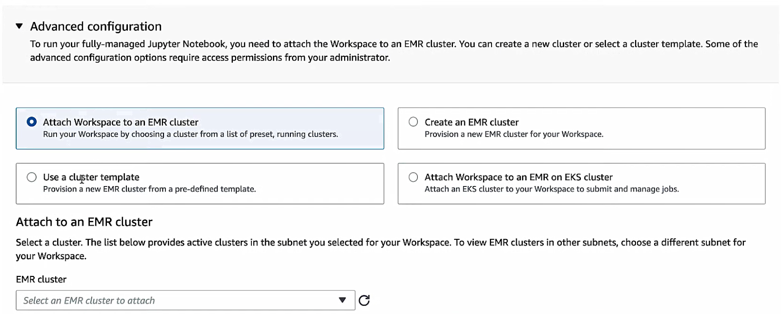 Attaching Workspace to an EMR Cluster - AWS EMR – AWS EMR Studio – EMR Studio – AWS EC2 – EC2 instance – AWS S3 – AWS KMS – AWS VPCs – AWS Identity and Access Management – AWS IAM – AWS VPC – AWS VPC endpoints – AWS EKS – Elastic Kubernetes Service – AWS SSO – AWS Identity Center – AWS Spot Instances – AWS Subnets – Subnet in AWS – EMR Serverless – EMR Cluster – EMR on EKS – S3 Encryption – KMS Encryption – EC2 Security Groups – EC2 Key Pair – EMR Instance Types – EMR Notebooks