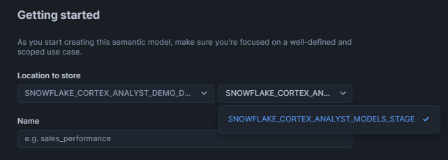 Selecting Snowflake Database and Schema - Snowflake Cortex Analyst - Snowflake Stage