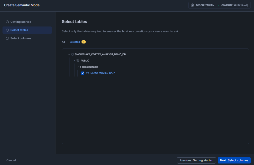 Picking the Source table for Semantic Model - Snowflake Cortex Analyst