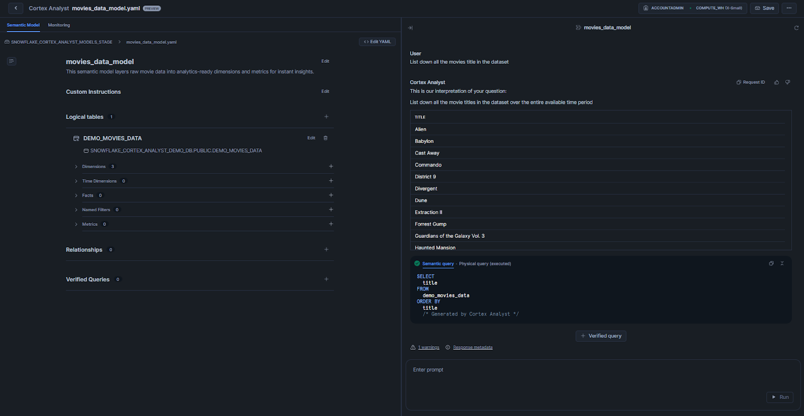 Interacting with Snowflake Cortex Analyst app via Snowflake Snowsight
