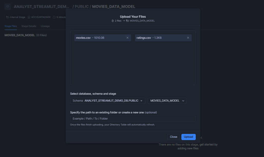 Uploading movies and ratings dataset into Snowflake Stage - Snowflake Cortex Analyst