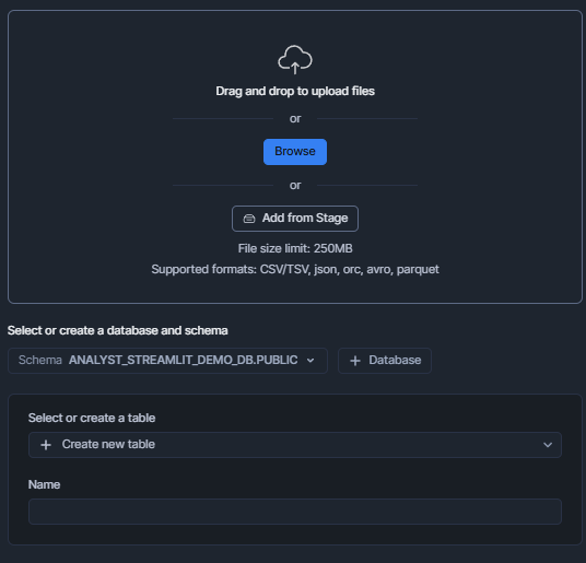 Selecting and creating Database/Schema and uploading data via Snowflake Stage