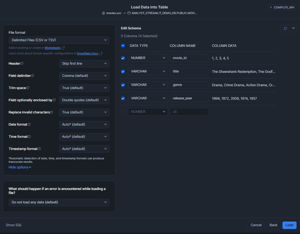 Loading data into Snowflake table - Snowflake Cortex Analyst