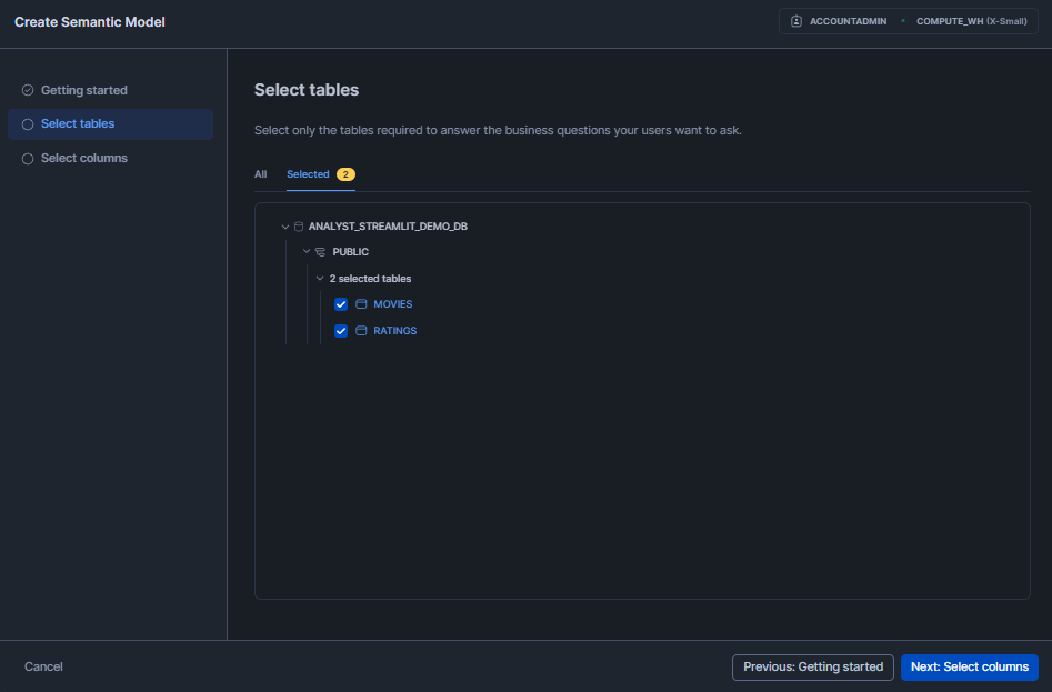 Picking the Source table for Semantic Model - Snowflake Cortex Analyst