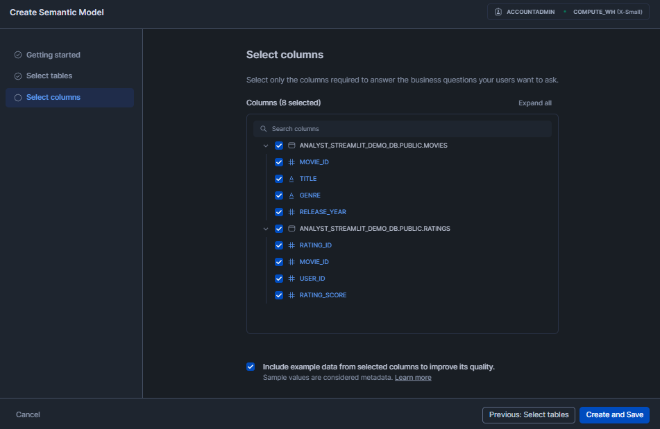 Selecting Columns for Semantic Model - Snowflake Cortex Analyst