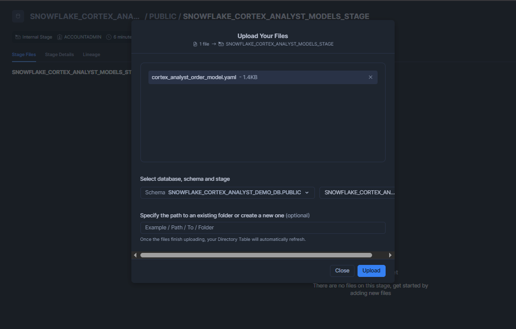 Uploading YAML file via Snowflake Snowsight - Snowflake Cortex Analyst - Snowflake Stage