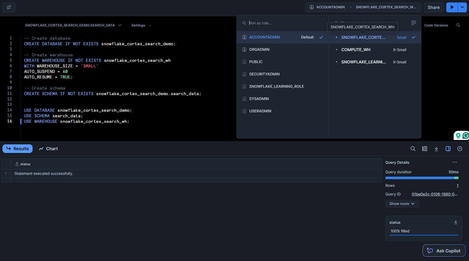Creating Snowflake Warehouse, Database and Schema 
