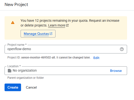Creating new Google Cloud Project - Google Drive Integration - Snowflake Openflow