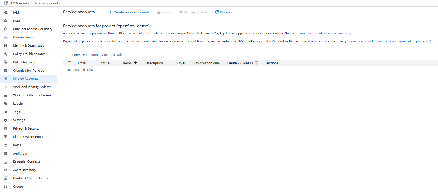 Creating Google Service Account and Key - Google Drive Integration - Snowflake Openflow