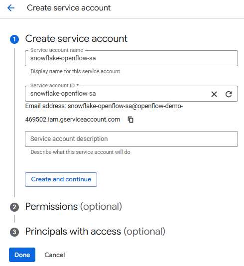 Creating Google Service Account and Key - Google Drive Integration - Snowflake Openflow