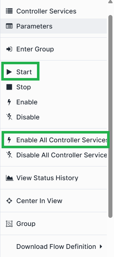 Enabling all controller services and starting the connector - Snowflake Openflow