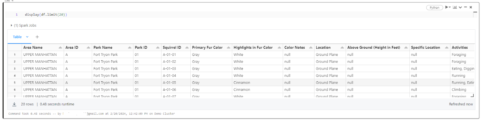 Displaying the first 20 rows of the table using DataFrame API