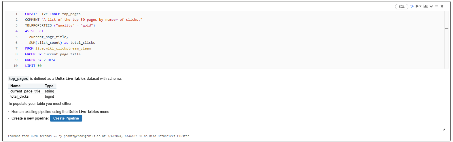 Creating a Gold (Enriched) Databricks Delta Live Table