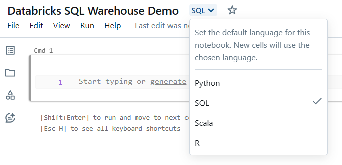 Choosing default language as SQL - Databricks Materialized Views