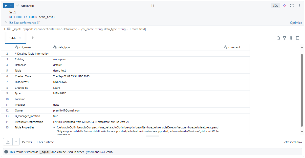 Displaying Table Properties - Databricks CREATE TABLE