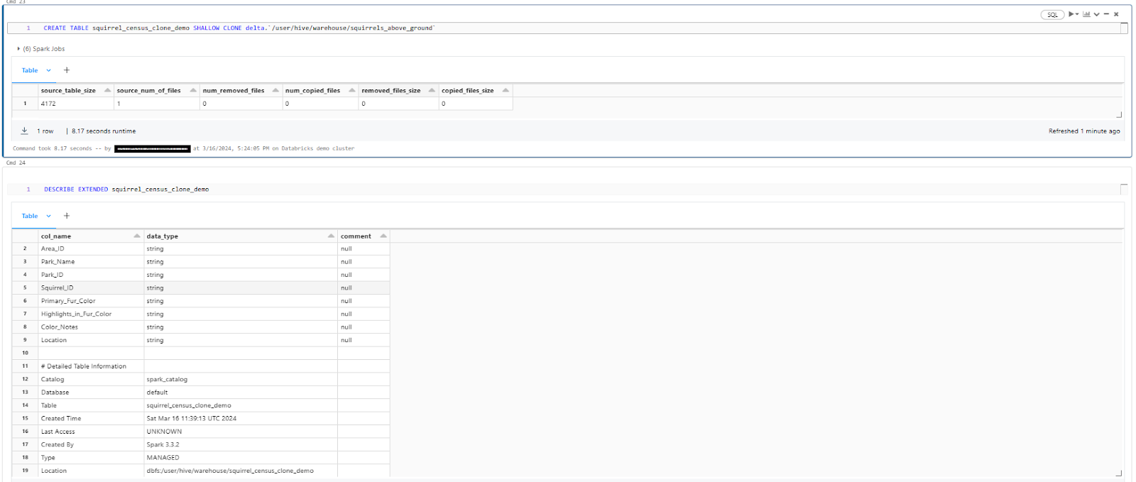 Creating table using Databricks CREATE TABLE CLONE - Databricks CREATE TABLE example