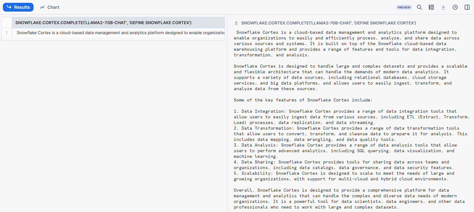 Example of using the COMPLETE function - Snowflake CORTEX LLM Function