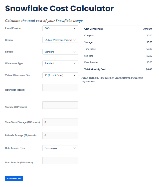Trevor Fox Snowflake Cost Calculator - Snowflake Cost Estimator
