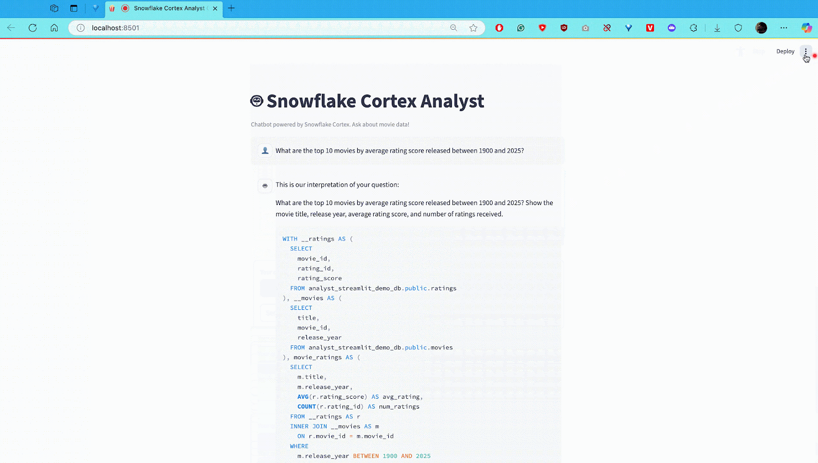 Testing and deploying app - Snowflake Cortex Analyst - Snowflake Streamlit